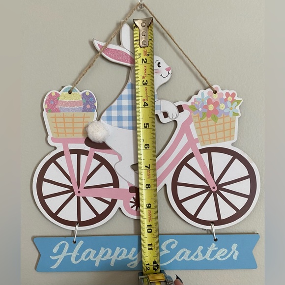 Spring Blue Gingham Easter Bunny Bicycle Happy Easter Decoration Sign - Picture 5 of 5